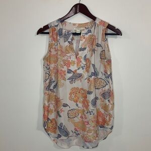 SAINT TROPEZ WEST Peach/Blue Floral Sleeveless Tassel Tie Top sieze XS